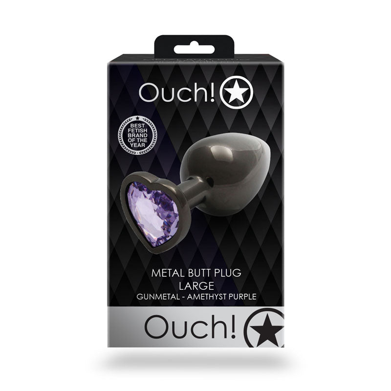 OUCH! Heart Gem Gunmetal Butt Plug - Large - Gunmetal 9.3 cm Large Butt Plug with Heart Gem Base