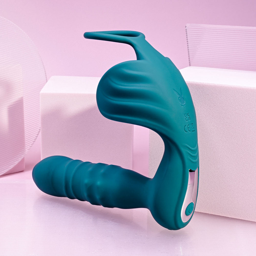 Playboy Pleasure BRING IT ON - Teal USB Rechargeable Thrusting Anal Plug with Cock Ring