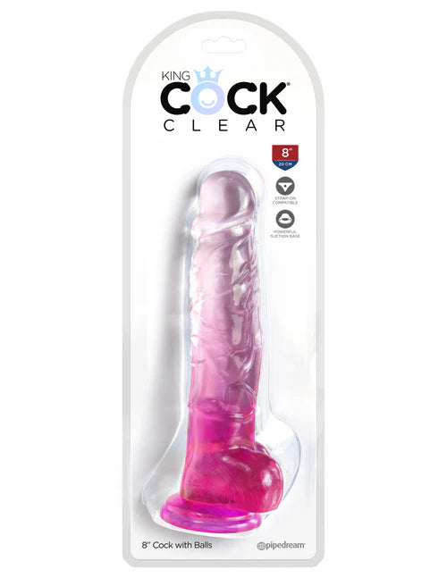 Pink 'King Cock Clear' product in packaging on a white background . KING COCK  8"  BALLS - PINK