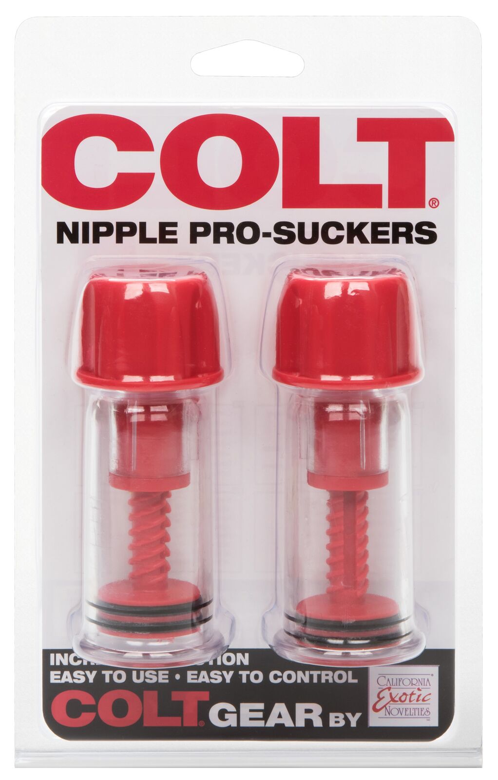 Colt Nipple Pro-Suckers in retail blister packaging, showing two red cylindrical suction devices with clear lower sections and black O-rings, on a white background.