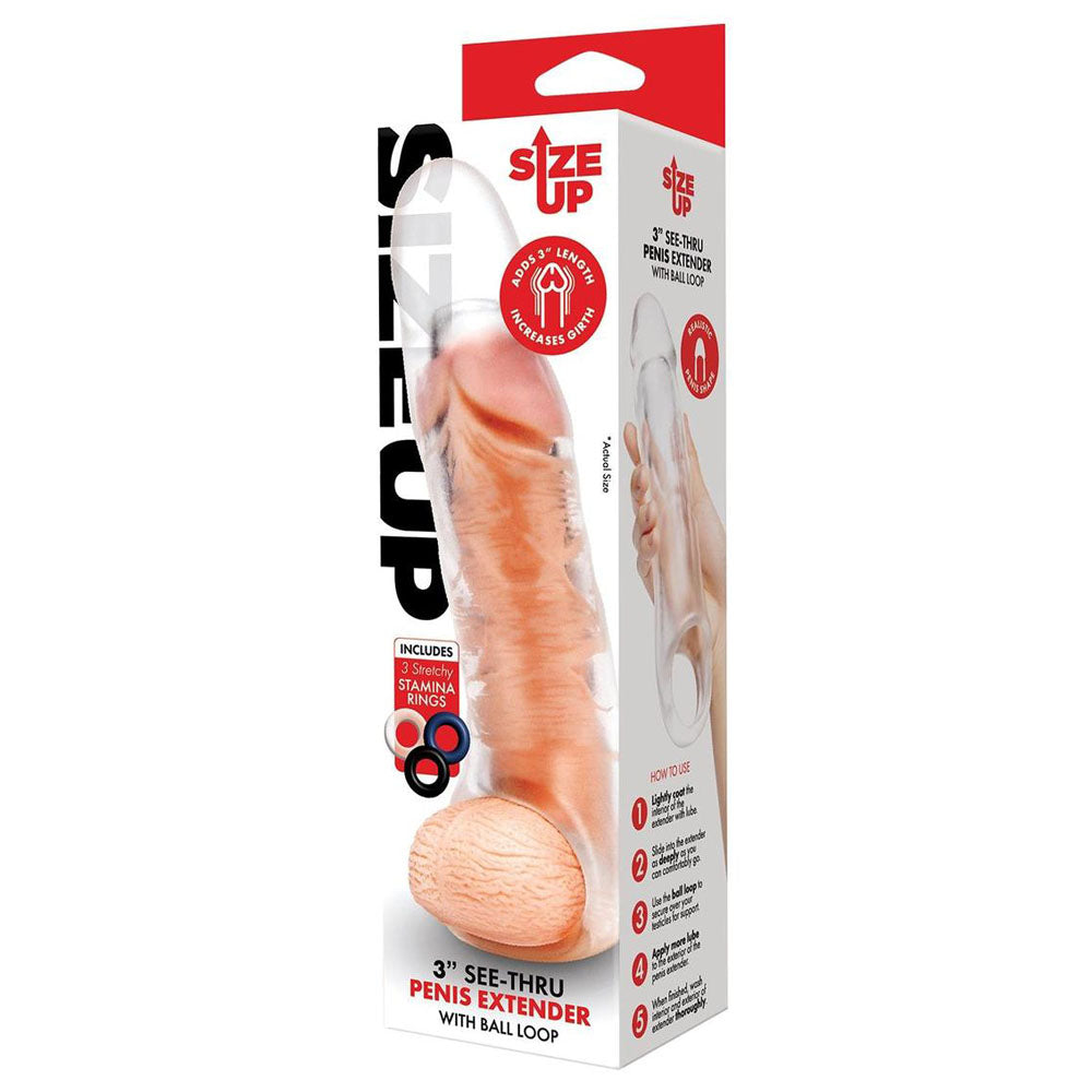 Size Up 3 Inch See-Thru Penis Extender with Ball Loop - Clear 7.6 cm (3'') Penis Extension Sleeve