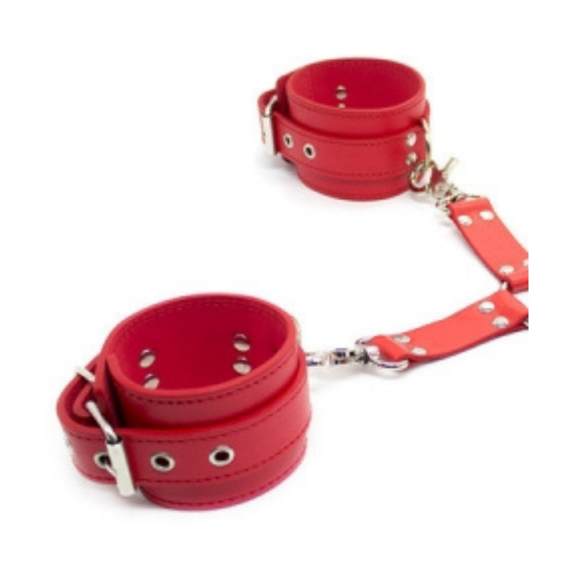Red leather cuffs with a strap on a white background