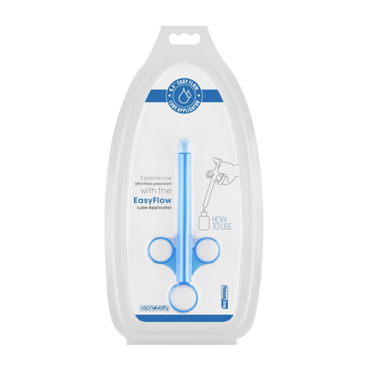 A blue and white EasyFlow latex applicator inside its clear plastic retail packaging, featuring the brand name 'vaccinaly' at the bottom.