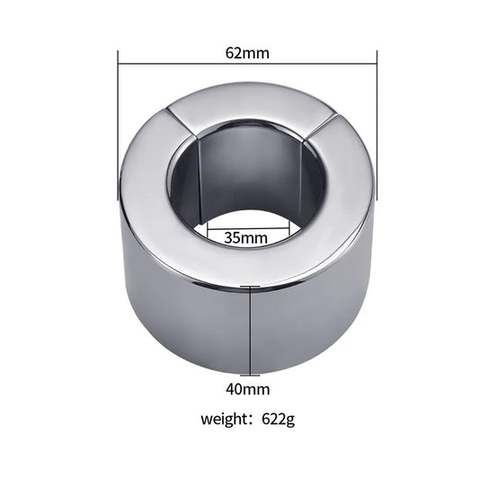 Chrome cylindrical object with dimensions and weight on a white background