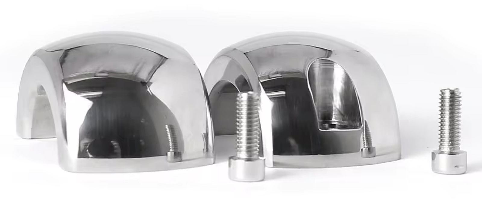 Two chrome-covered metal knobs with screws on a white background