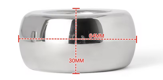 Silver cylindrical object with measurements on a white background
