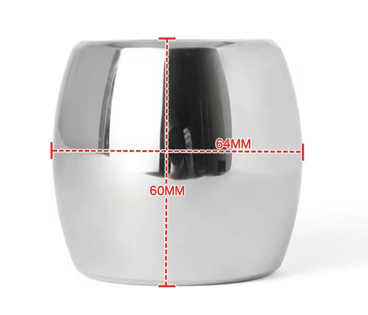 Silver cylindrical object with measurements on a white background