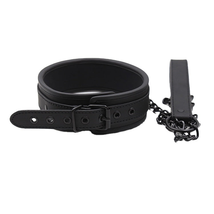 Black PU leather collar with chain on a white background