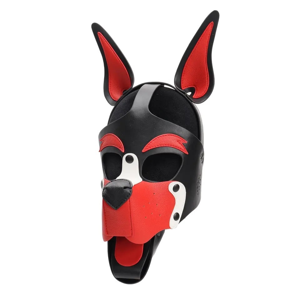 Black and red mask resembling a dog's face on a white background