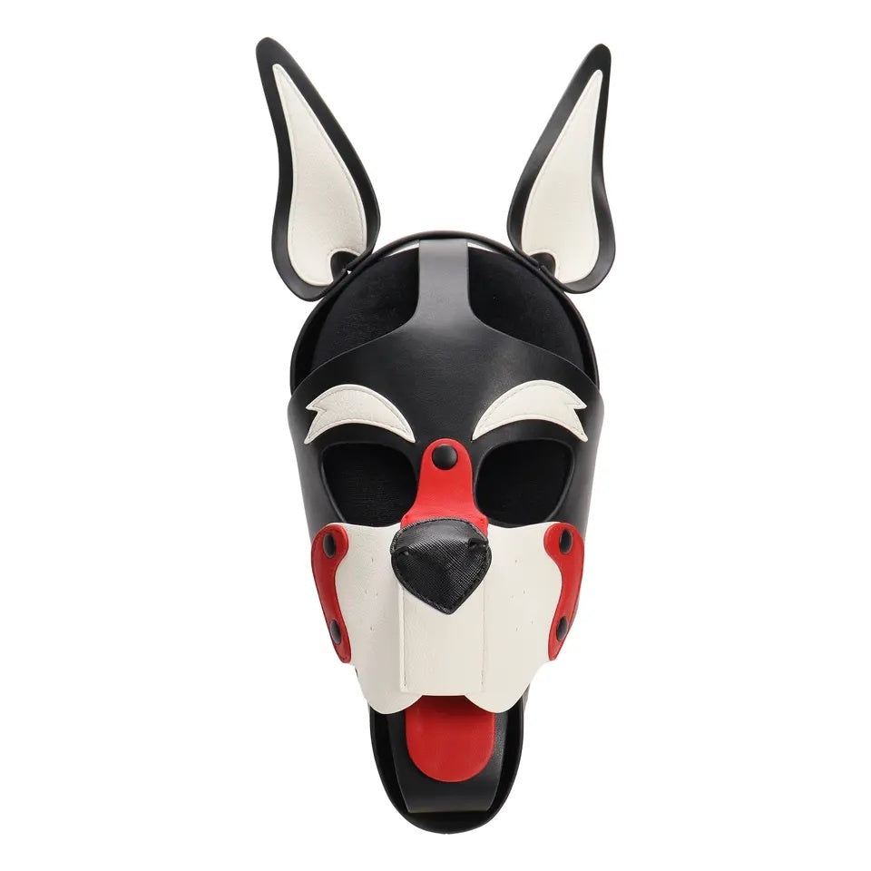 Dog mask with black, white, and red colors on a white background