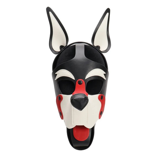 Dog mask with black, white, and red colors on a white background