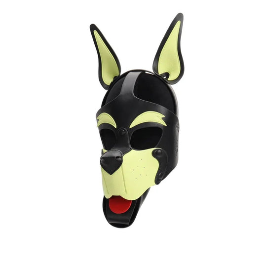 Black and yellow dog mask with red tongue on a white background