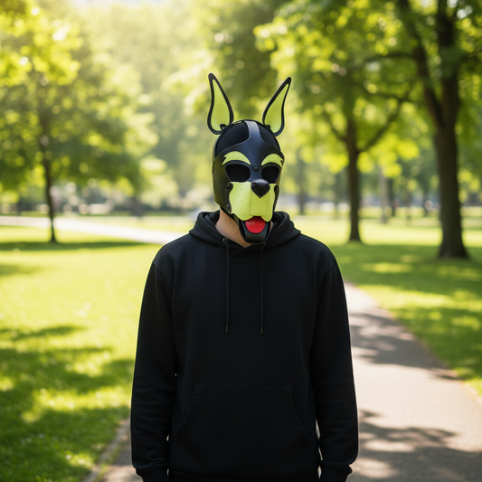 Person wearing a black hoodie and a dog mask in a park with green trees and sunlight.