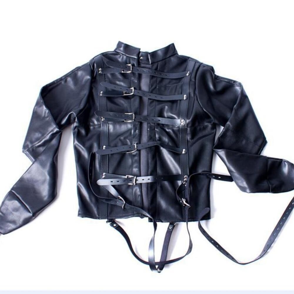 Black faux leather gothic-style corset jacket with multiple front straps, silver-tone buckles, and long dangling straps, laid flat on a white background.