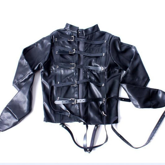 Black faux leather gothic-style corset jacket with multiple front straps, silver-tone buckles, and long dangling straps, laid flat on a white background.