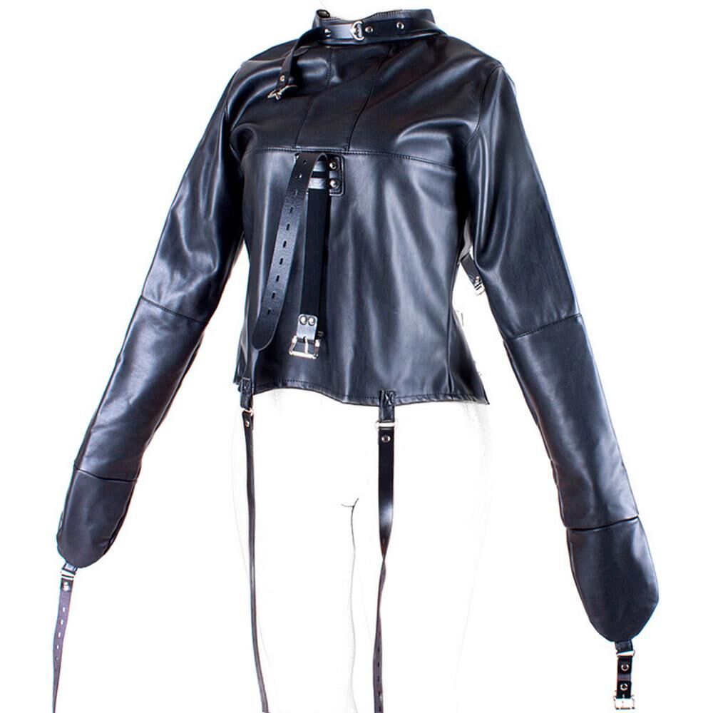 Black leather jacket on a mannequin with a white background