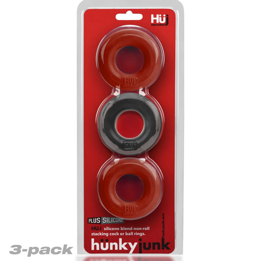 Three silicone ring packaging with red and gray rings on a white background, featuring the brand 'Hunky Junk'.