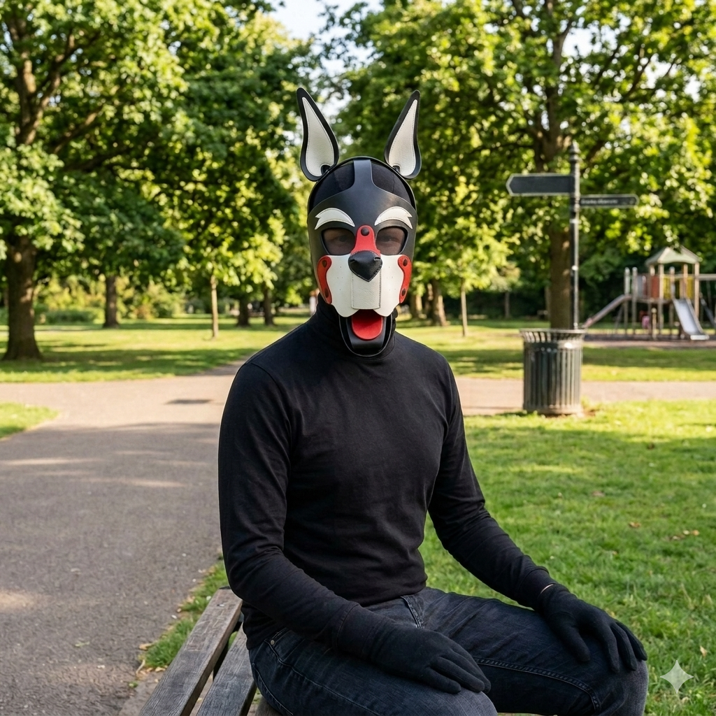 person wearing pup Pu mask with a park background