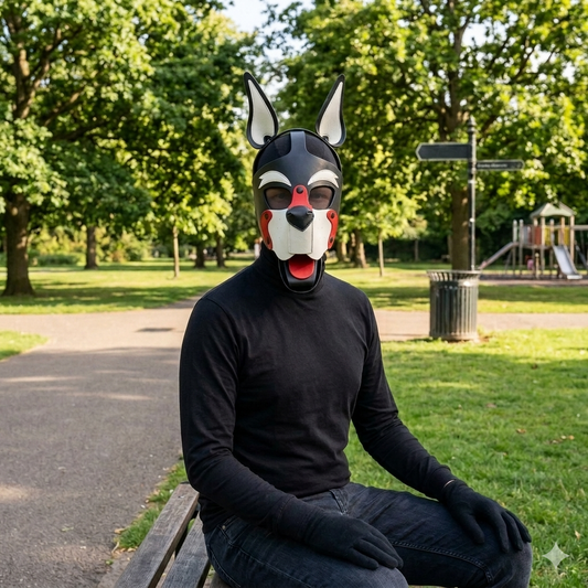 person wearing pup Pu mask with a park background