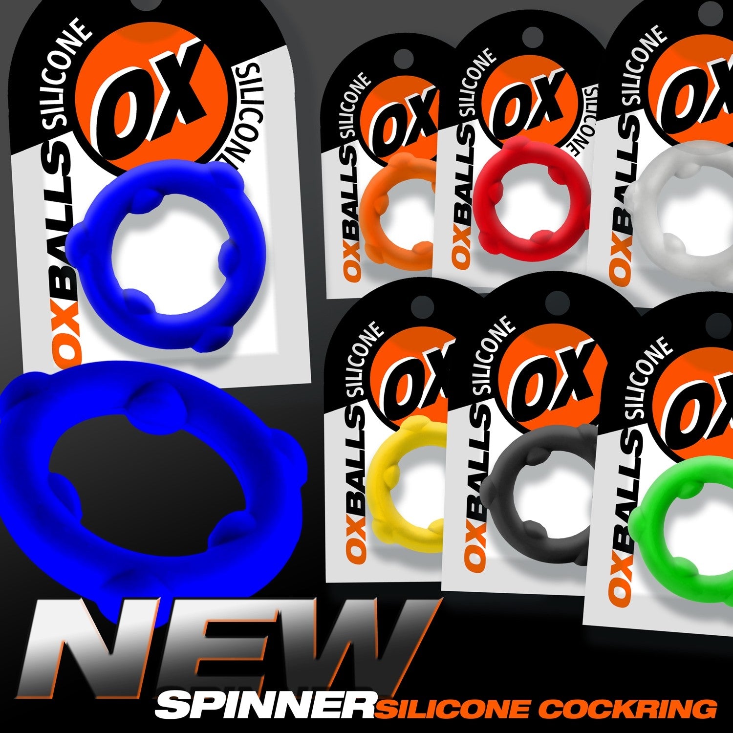 Collection of OX Balls Silicone Spinner Cock Rings with packaging on a black background