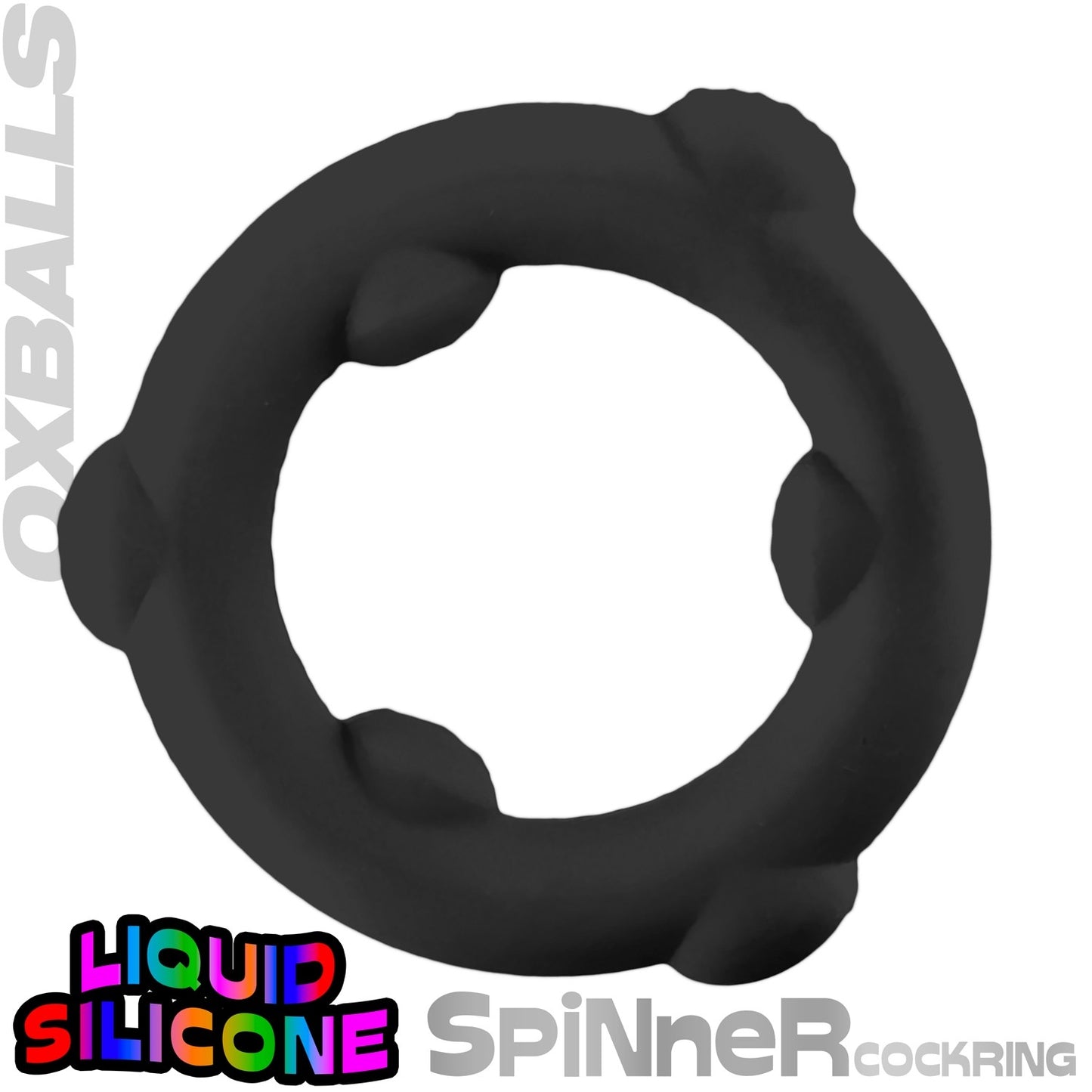 Black silicone spinner cockring on a white background with 'OXBALLS' branding.