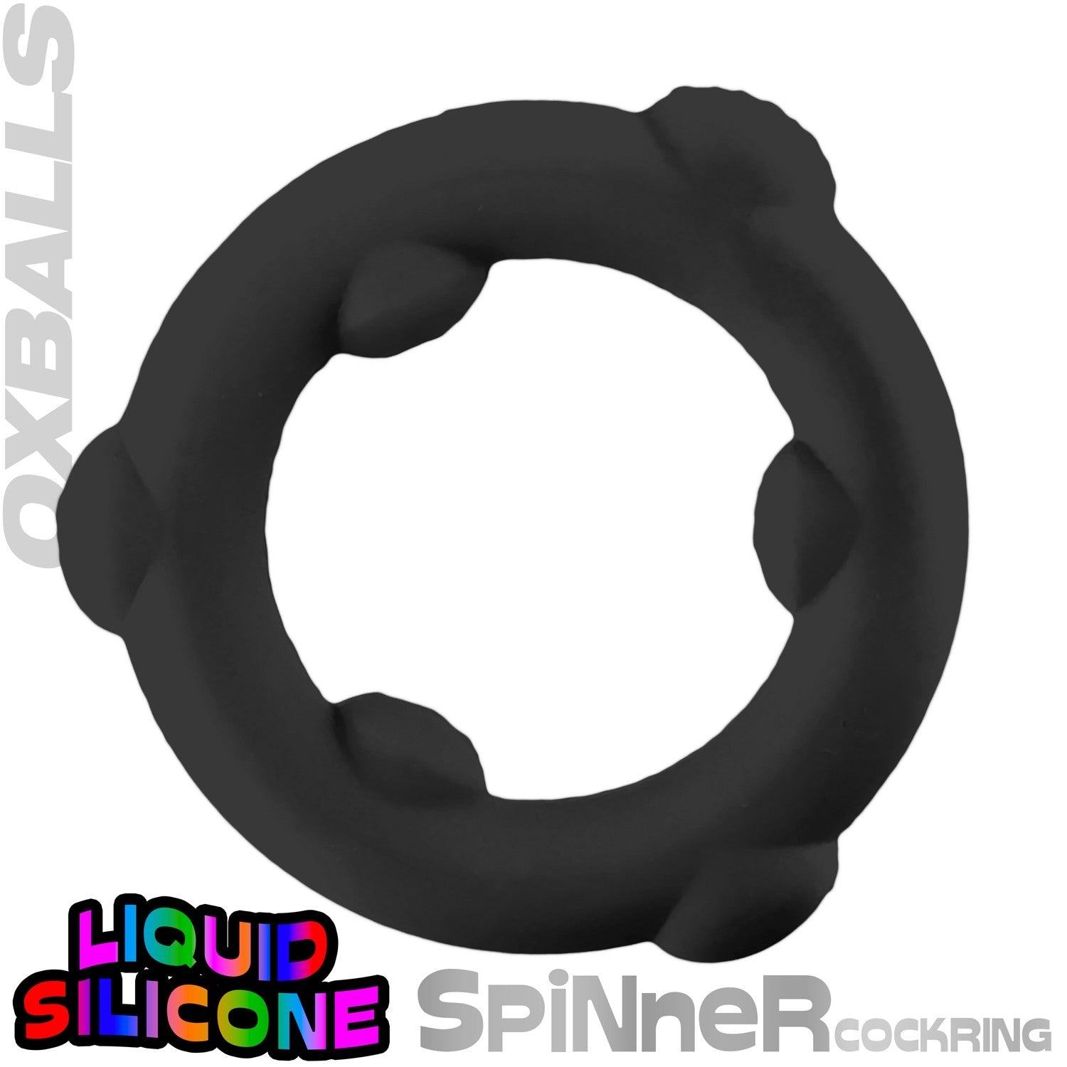 Black silicone spinner cockring on a white background with 'OXBALLS' branding.