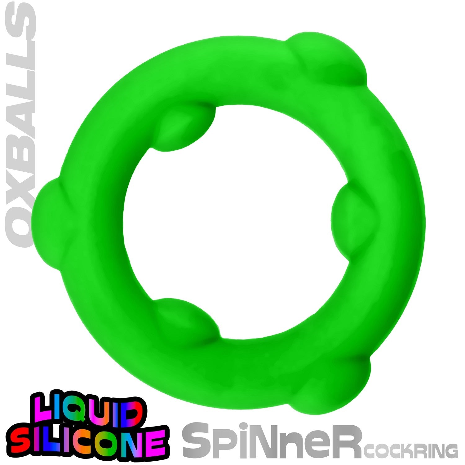 Green silicone spinner cockring on a white background with 'OxBalls' branding.