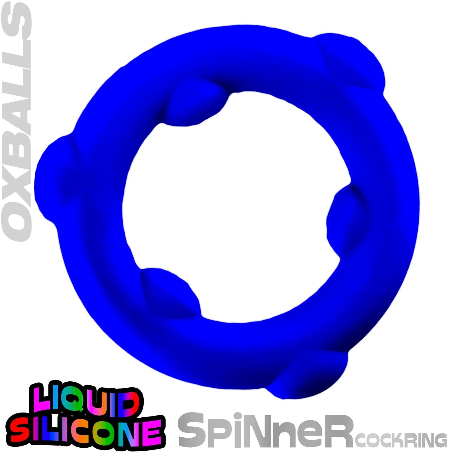 Blue silicone spinner cockring on a white background with 'OxBalls' branding.